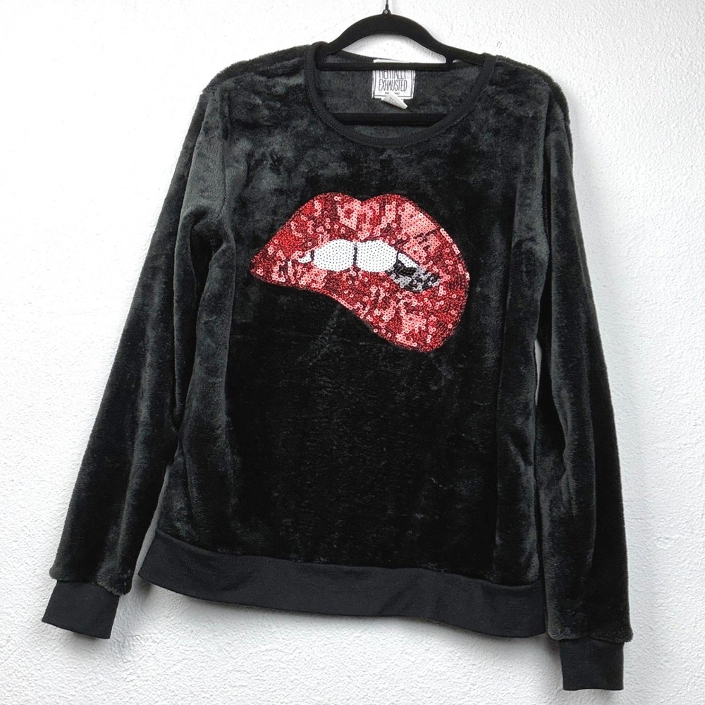 Mentally Exhausted Black Sequin Lip Fleece Sweatshirt - Medium- Y2K Glam Edgy